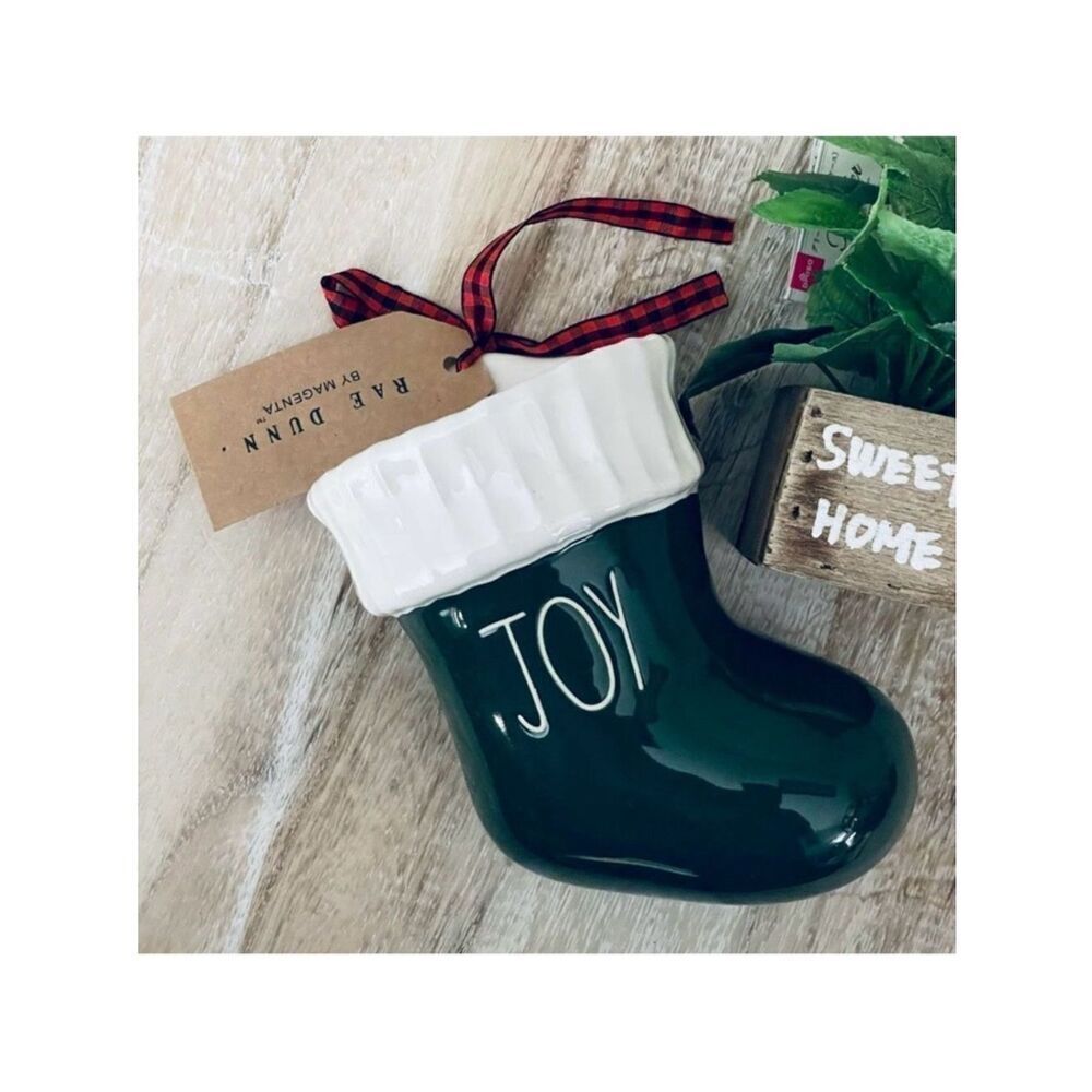 NWT Gorgeous Rae Dunn JOY Green Ceramic Christmas Santa Boot Bootie Stocking